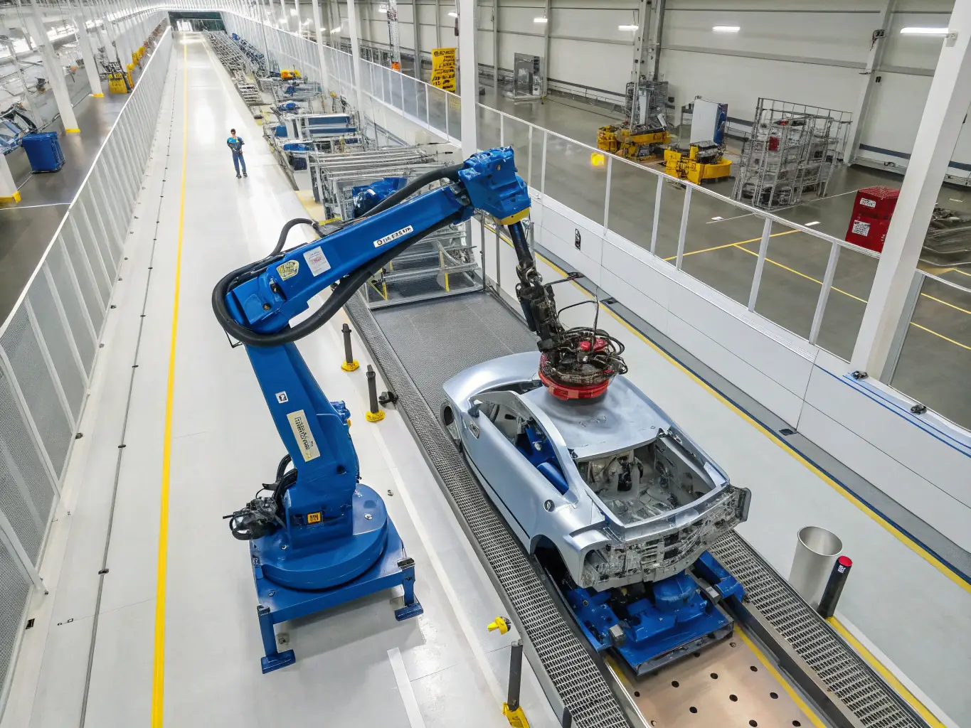 A high-angle shot of a 7x Robot Transfer Unit (RTU) moving a large industrial robot arm along a track in a modern, brightly lit factory setting. The RTU is painted in 7x's signature colors, and the robot arm is performing a welding operation on a car chassis.
