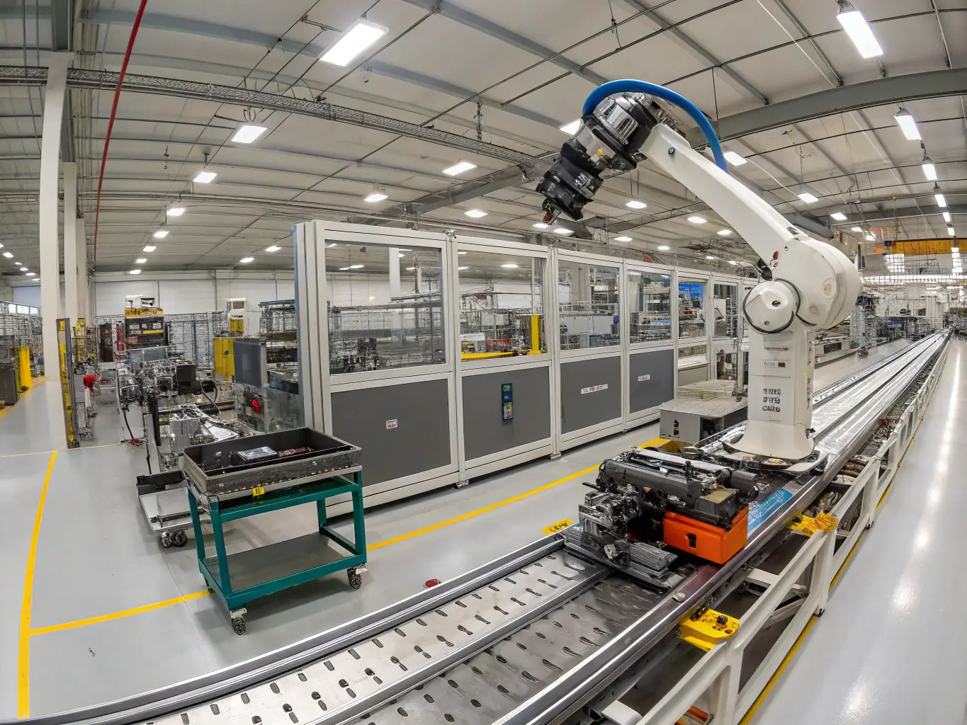 A wide shot of a 7x Robot Transfer Unit (RTU) integrated into a fully automated assembly line in a manufacturing plant. The RTU is moving a robot arm that is assembling components on a conveyor belt.