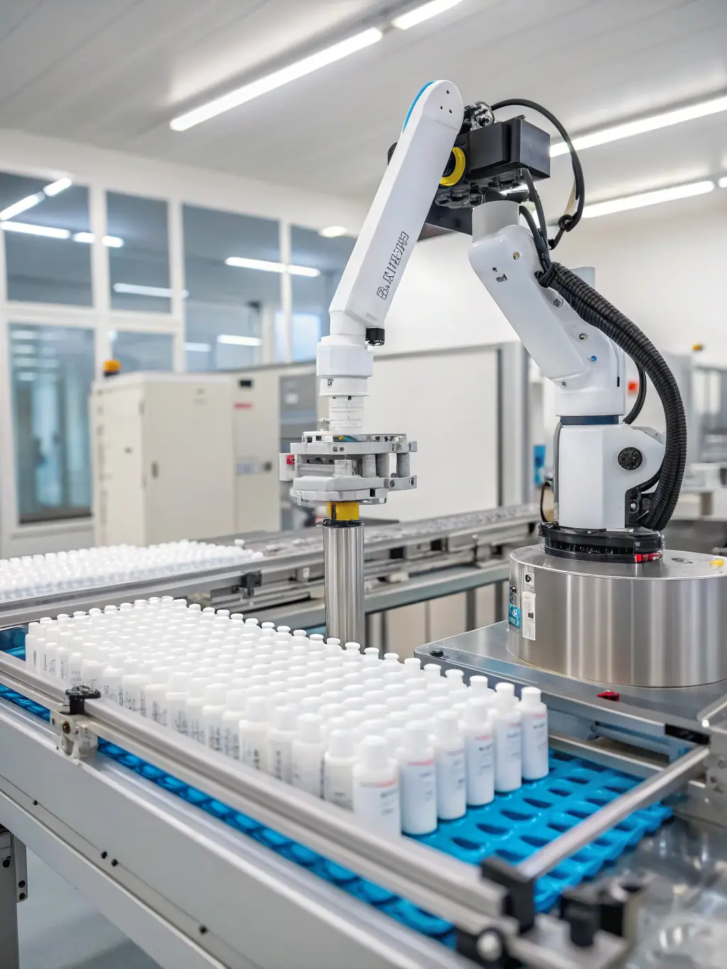 A detailed image of a 7x RTU being used in a pharmaceutical manufacturing facility, highlighting its clean and precise movements.