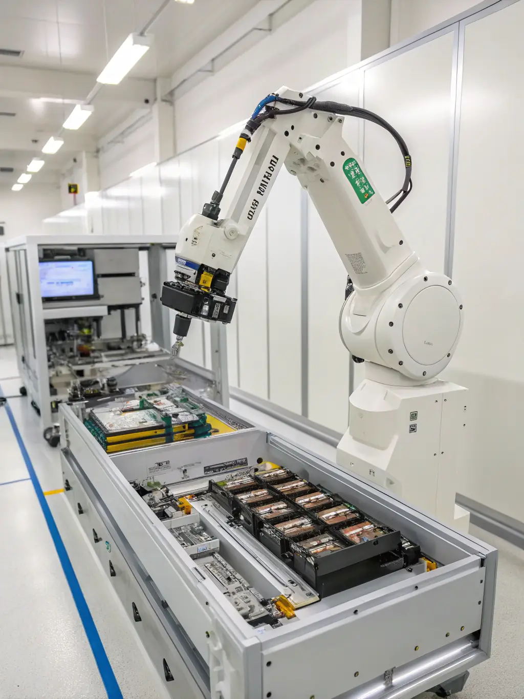 A high-resolution photograph showcasing a 7x RTU with a heavy-duty robot arm mounted on it, moving along a track in a manufacturing setting, demonstrating its load-bearing capacity.